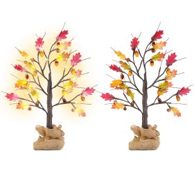 2Pcs 2FT Artificial Lighted Maple Tree With 24Pcs Warm White LED Beads 6Hrs Timer Battery Powered Artificial Fall Tree Tabletop Indoor Outdoor Fall De