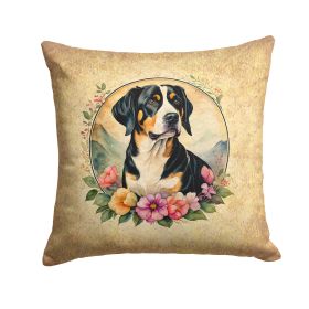 Entlebucher Mountain Dog and Flowers Throw Pillow Machine Washable, Indoor Outdoor Decorative Pillow for Couch, Bed or Patio, 14Hx14W