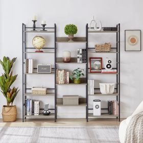 Triple Wide 5-Shelf Industrial Retro Bookshelves For Home & Office (Color: Grey)
