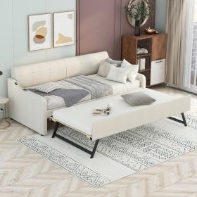 Twin Upholstered Daybed W  Trundle & USB Charging, Adjustable, Beige (Color: Beige)