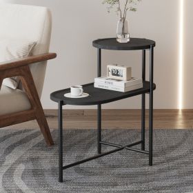 Round Coffee Table With Storage Tray 2 Tier Oval End Tables Wooden Small Side Table For Living Room (Color: Black)